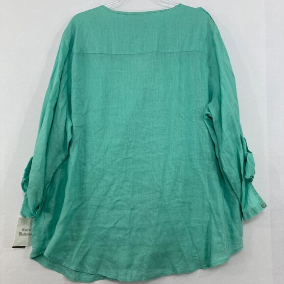 New JM Collection size 24W Green Split Neck Rolled Sleeve Pure Linen Button Down - Picture 7 of 8